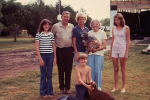 Nanny holding her dog, Pearlie. This was taken while she was living with us. Left to right: Me, Daddy, Momma, Nanny, and Tina with Brady and our dog, Buster in front.